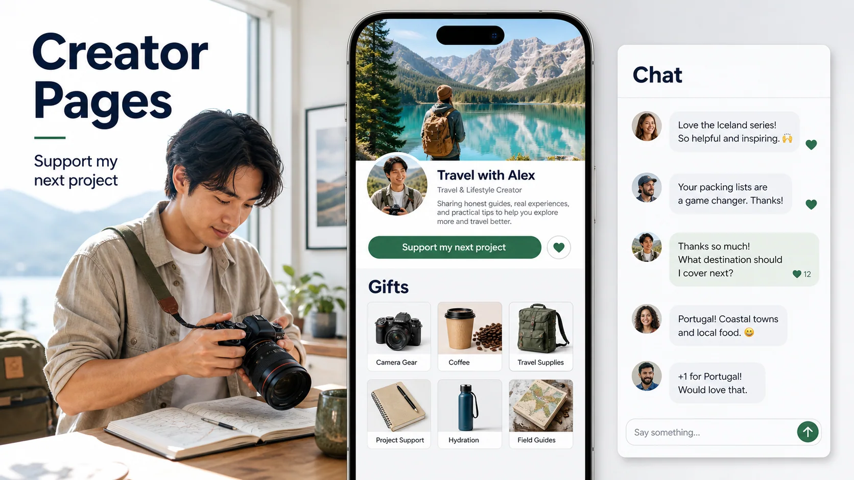 A creator reviewing a digital product offer and supporter conversation on a Loresta Page